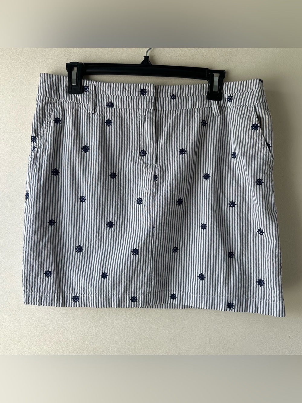 5 FOR $25| British Khaki Mini Skirt Nautical Anchors Stripe Seersucker Blue